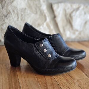 Clarks Black Leather Heels with Button Detail